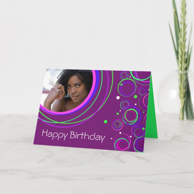 Funky circles "your picture\" birthday card purple (Front)