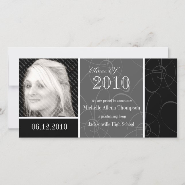 Funky Classic Black Swirls Graduation Photo Card (Front)