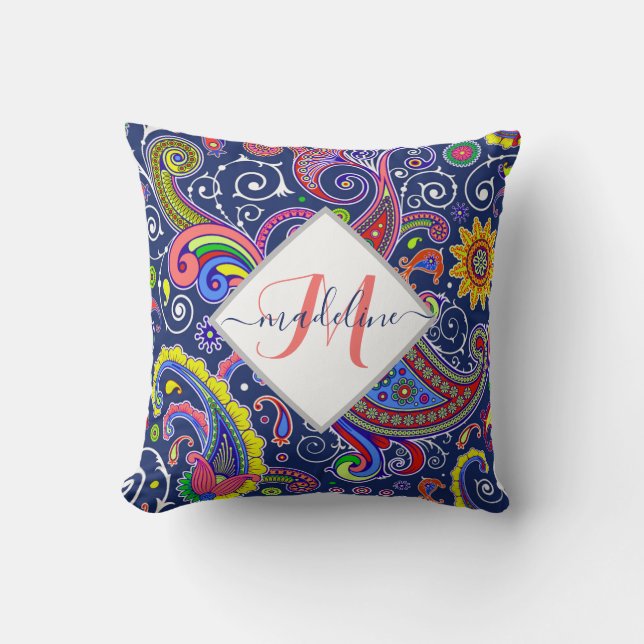 Funky colored paisley personalized cushion (Front)