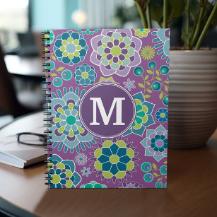 Funky Colorful Floral Pattern Custom Monogram Notebook