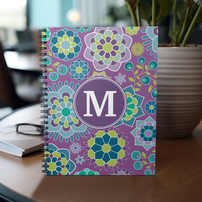 Funky Colorful Floral Pattern Custom Monogram Notebook (Personalized notebook - add name and custom text)