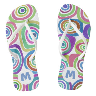 Funky Colorful Retro Circles Pattern Monogram Flip Flops