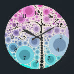 Funky Colorful Scroll Tree Circles Bubbles Pop Art Large Clock<br><div class="desc">Funky Colorful Scroll Tree Pop Art Novelty Gifts with colorful concentric circles and bubbles in pink,  purple,  teal,  and indigo. "pink and blue" "teal and pink" "scroll tree" "colorful pop art" "bubbles" "circles" "colors" "funky" "girly" "tree" "bubbly" "pretty" "cute" "cool"</div>