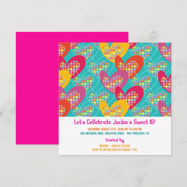 Funky Colour Retro Pop Hearts Girl Birthday Invite (Front/Back)