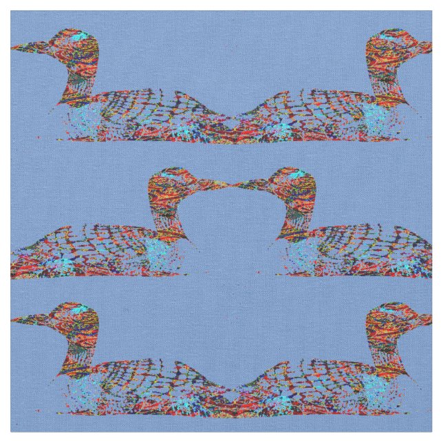Funky Coloured Loons on Cornflower Blue Fabric (Close Up)