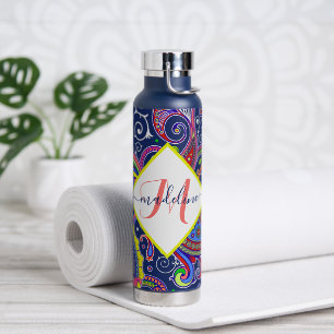 Funky coloured paisley personalised water bottle