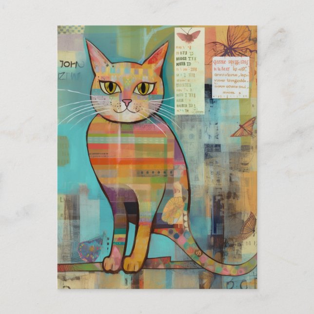 Funky Colourful Cat Collage Postcard (Front)