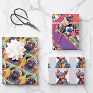 Funky colourful dog with sunglasses neon wrapping paper sheet
