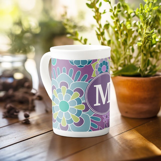 Funky Colourful Floral Pattern Custom Monogram Bone China Mug (Personalized mug with photos and text, customize completely in the advanced design area)