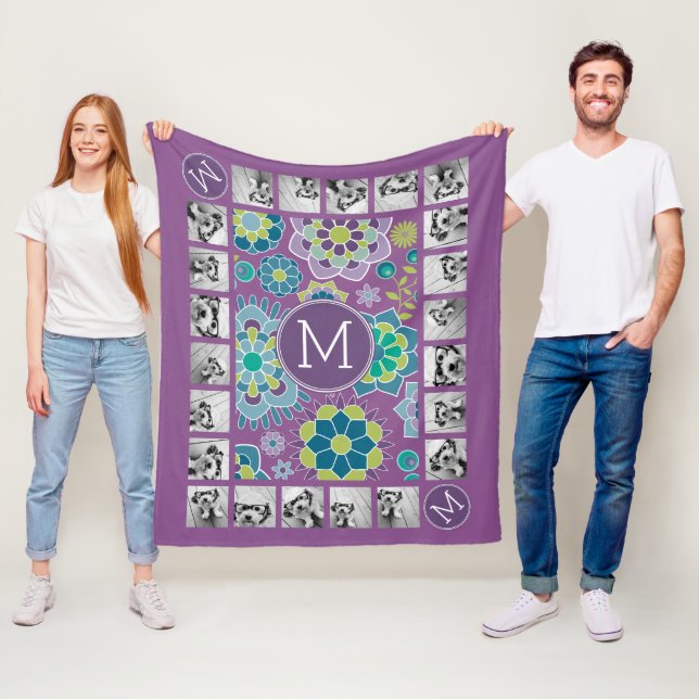 Funky Colourful Floral Pattern Custom Monogram Fleece Blanket (In Situ)