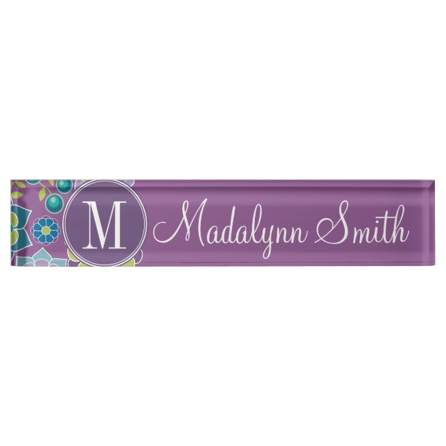 Funky Colourful Floral Pattern Custom Monogram Nameplate (Front)