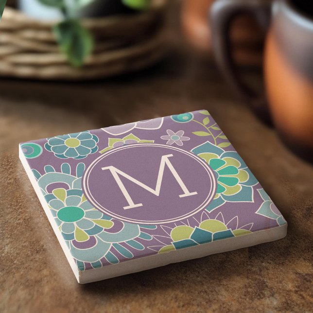 Funky Colourful Floral Pattern Custom Monogram Stone Coaster (Custom Stone Coaster)