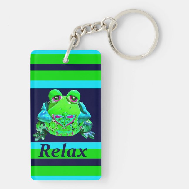 Funky Colourful Frog RELAX Teal Lime Navy Key Ring (Back)