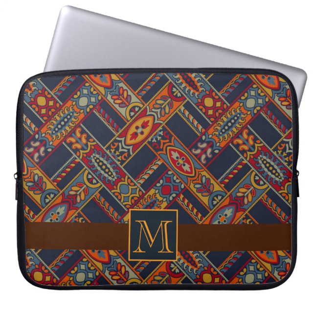 Funky Colourful Geometric Pattern  with Monogram Laptop Sleeve (Front)