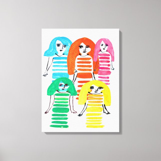 Funky colourful girl doll watercolor canvas print (Front)