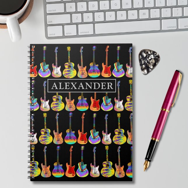 Funky Colourful Guitar Pattern Add Name  Notebook (Funky colorful guitar pattern on black personalized name notebook for musician guitarist songwriting)