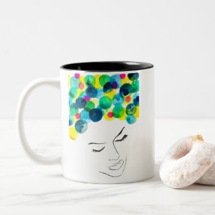 Funky colourful hair girl watercolor Two-Tone coffee mug