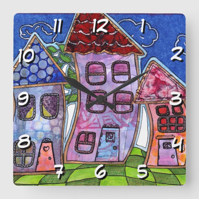 Funky Colourful Houses Square Wall Clock (Front)