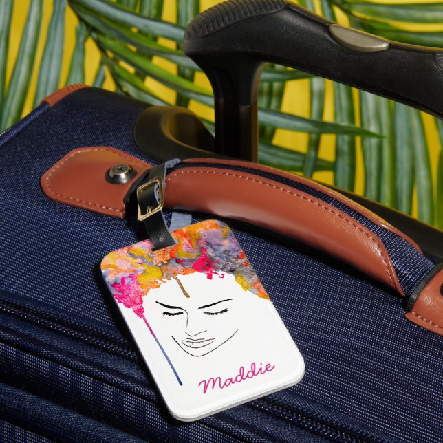 Funky colourful rainbow lady art luggage tag (Front Insitu 1)