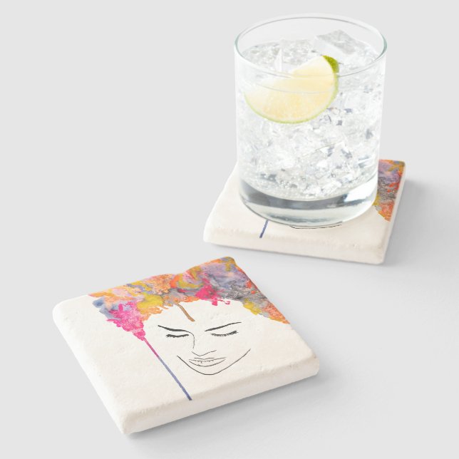 Funky colourful rainbow lady art stone coaster (Side)