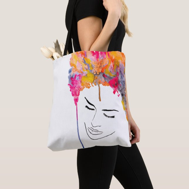 Funky colourful rainbow lady art tote bag (Close Up)