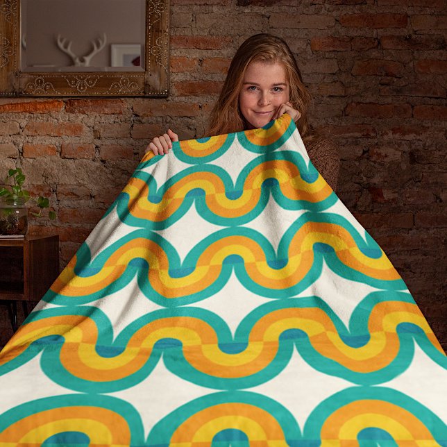 Funky Colourful Retro Half Circles Art Pattern Fleece Blanket (Creator Uploaded)