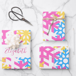 Funky Colourful Snowflake & Custom Name Winter Vib Wrapping Paper Sheet