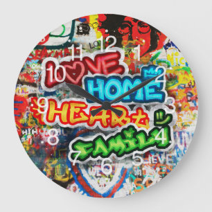 Funky Colourful Streetart Graffiti Love Home Heart Large Clock