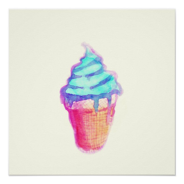 Funky Cool Drippy Ice Cream Cone in Watercolors Poster (Front)