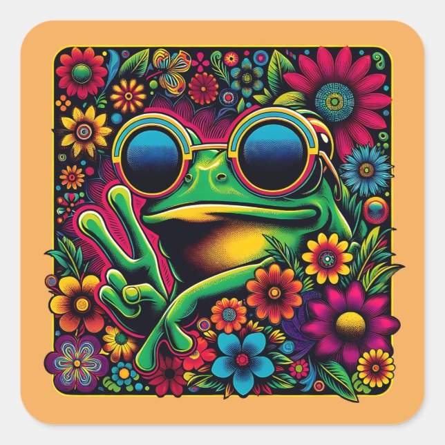 Funky Cool Frog Peace Sign Square Sticker (Front)