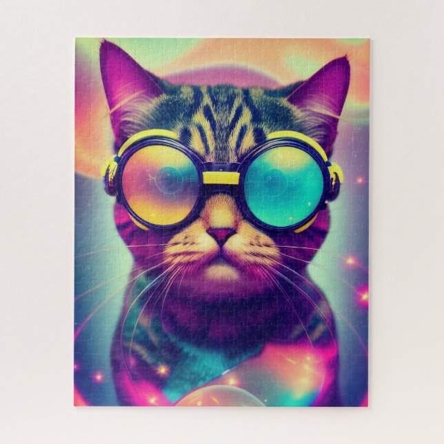 Funky Cool Psychedelic Goggles Cat Jigsaw Puzzle (Vertical)