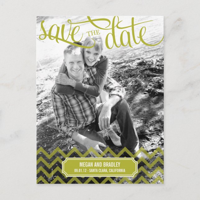 Funky Couple Save The Date Postcard - Green (Front)