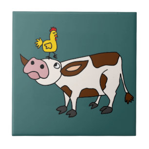 Funky Cow with Chicken on Her Head Cartoon Tile