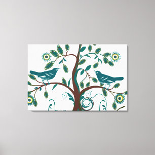Funky Cute Teal  Vintage Love Birds Swirly Tree Canvas Print