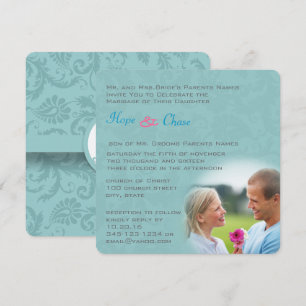 Funky Damask Aqua Blue Pink Wedding Invitation