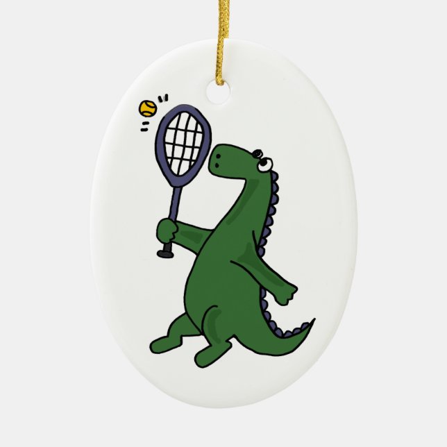 Funky Dinosaur Playing Tennis Cartoon Ceramic Tree Decoration (Front)