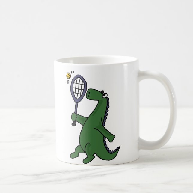 Funky Dinosaur Playing Tennis Cartoon Coffee Mug (Right)