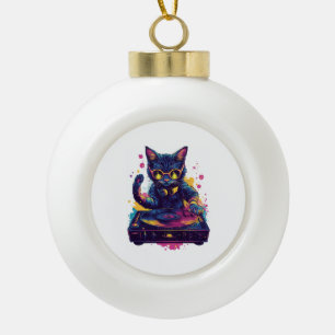 Funky DJ Cat – Retro Disco Kitty Party Ceramic Ball Christmas Ornament