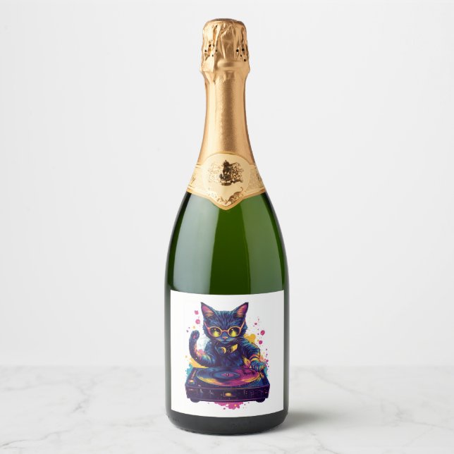 Funky DJ Cat – Retro Disco Kitty Party Sparkling Wine Label (Front)