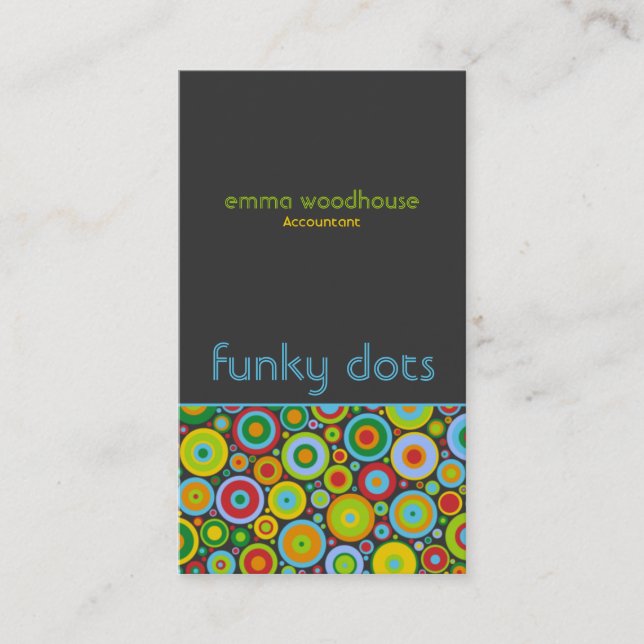 Funky Dots 'N' Stripes Vertical Dark Grey Business Card (Front)