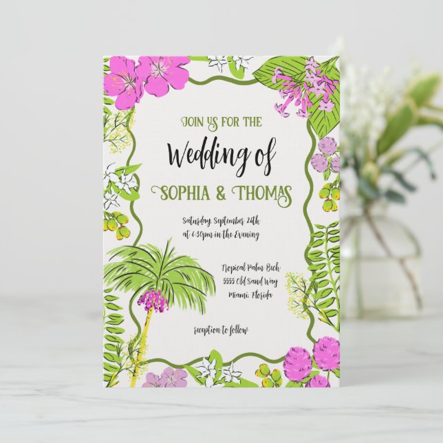 Funky Drawn Tropical Floral Wedding Invitation (Standing Front)