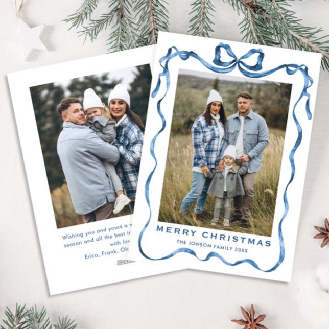 Funky Dusty Blue Christmas Bow Ribbon 2 Photo Holiday Card (Creator Uploaded)
