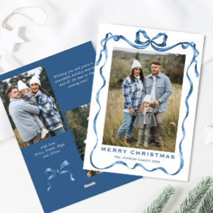 Funky Dusty Blue Christmas Bow Ribbon 3 Photo Holiday Card
