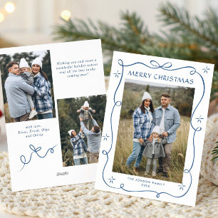 Funky Dusty Blue Christmas Bow Ribbon 3 Photo Holiday Card