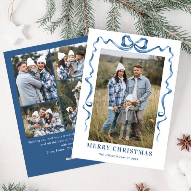 Funky Dusty Blue Christmas Bow Ribbon 5 Photo Holiday Card (Creator Uploaded)