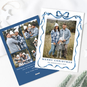 Funky Dusty Blue Christmas Bow Ribbon 5 Photo Holiday Card