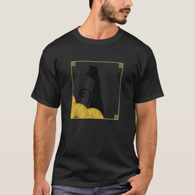Funky East Asian Style Black Cat in Frame with Gol T-Shirt (Front)