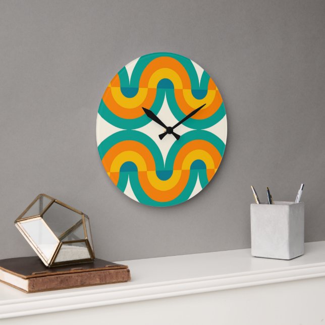Funky Eclectic Retro Half Circles Art Pattern Large Clock (Office)
