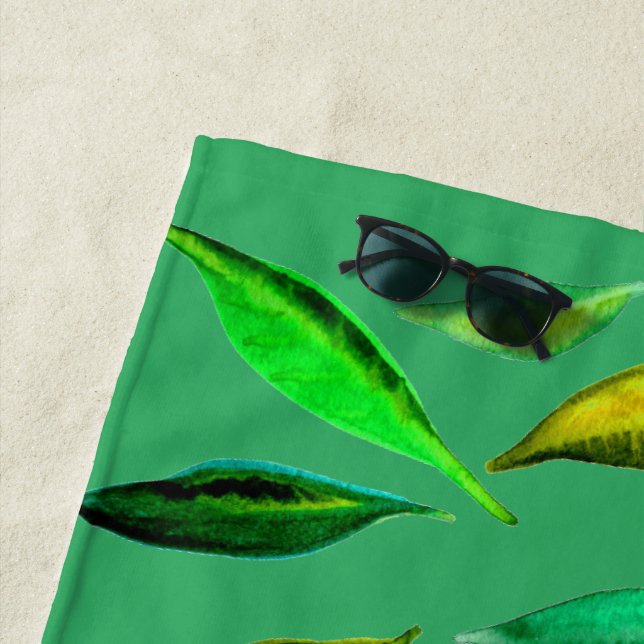 Funky eco green leaves art beach style beach towel (In Situ)