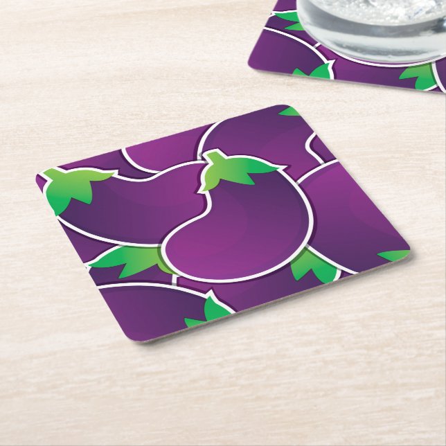 Funky eggplant square paper coaster (Angled)